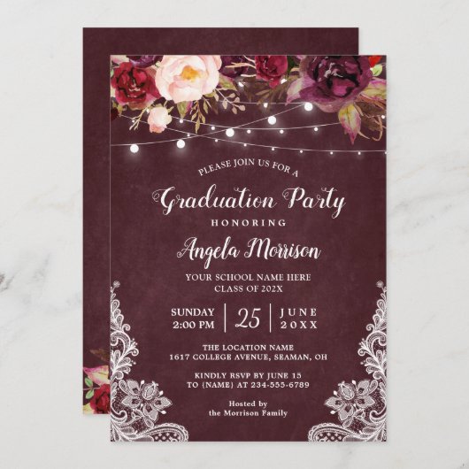 Invitation Burgundy Floral String Light Lace Graduation Party (Devant / Derrière)