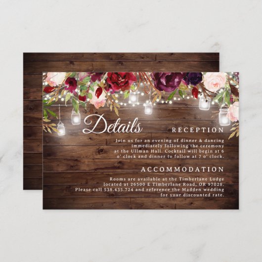 Invitation Burgundy Floral String Lights Mariage Détails Cart (Devant / Derrière)