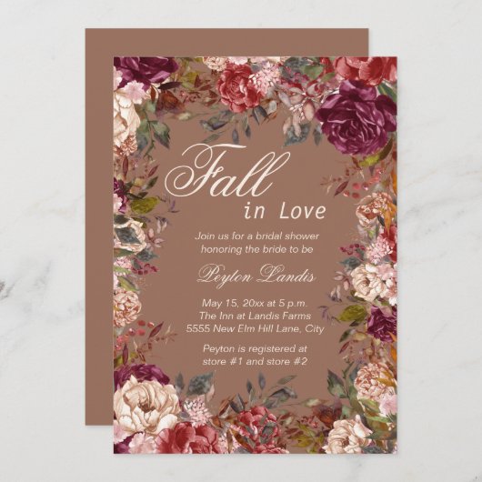 Invitation Burgundy Floral Taupe Chute en Amour Fête des mari (Devant / Derrière)