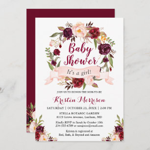 Invitation Burgundy Floral Wreath Blush Ribbon Baby shower