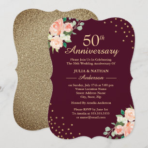 Invitation Burgundy Florale Confettis 50 ans de Mariage