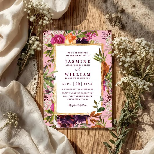 Invitation Burgundy Flower Boho Rustic QR Code Wedding