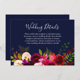Invitation Burgundy Flower Navy Blue Détails sur le Mariage