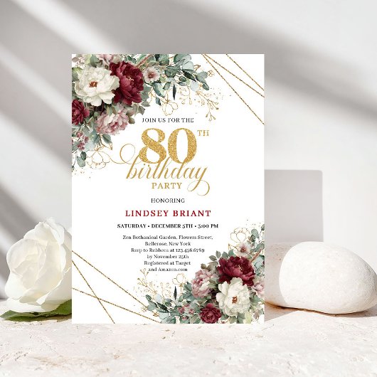 Invitation Burgundy Flowers Eucalyptus Gold 80th Birthday