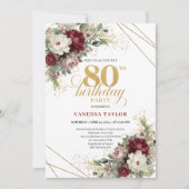 Invitation Burgundy Flowers Eucalyptus Gold 80th Birthday (Devant)
