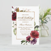 Invitation Burgundy Flowers Gold Border 100e fête d'anniversa (Debout devant)