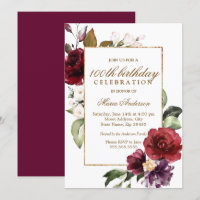 Burgundy Flowers Gold Border 100e fête d'anniversa