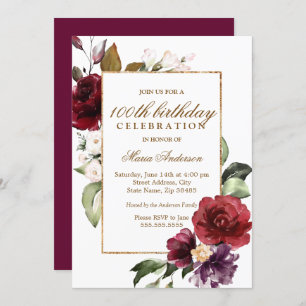 Invitation Burgundy Flowers Gold Border 100e fête d'anniversa