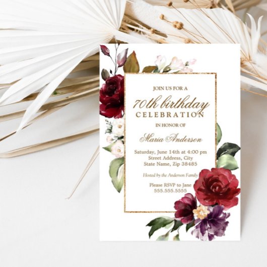 Invitation Burgundy Flowers Gold Border 70e fête d'anniversai