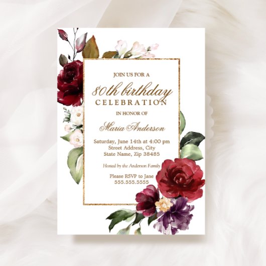 Invitation Burgundy Flowers Gold Border 80e fête d'anniversai