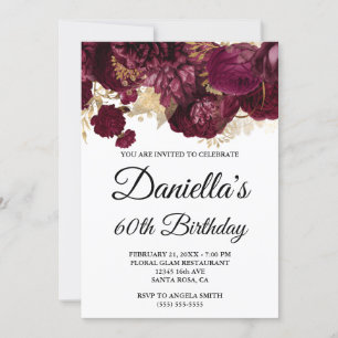 Invitation Burgundy Flowers Gold Foil 60e anniversaire