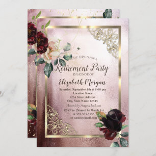 Invitation Burgundy Flowers Gold Frame Rose Gold Retraite
