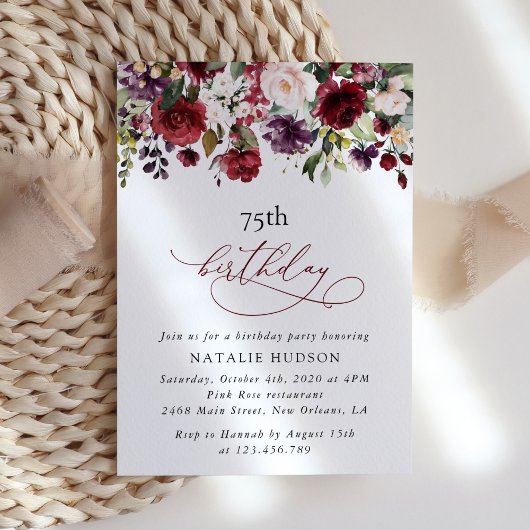 Invitation Burgundy Flowers, Pink Flowers, Boho, Birthday