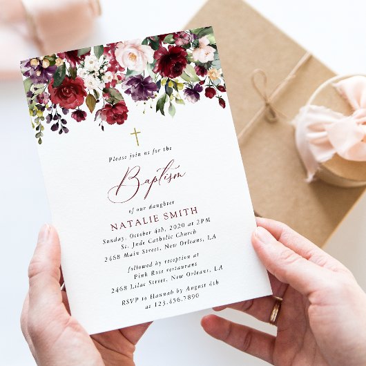 Invitation Burgundy Flowers, Pink Flowers, Floral Baptism