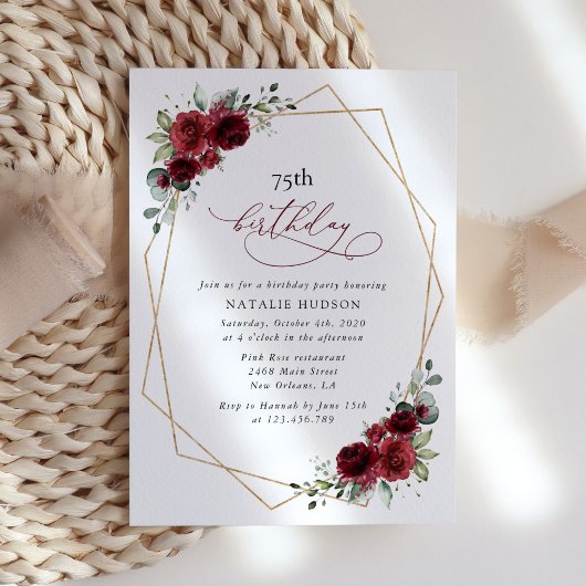 Invitation Burgundy Flowers, Red Flowers, Boho, Birthday