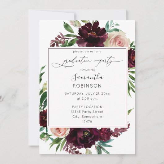 Invitation Burgundy foncée & Blush Pink Floral Graduation Par (Devant)