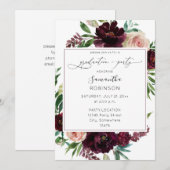 Invitation Burgundy foncée & Blush Pink Floral Graduation Par (Devant / Derrière)