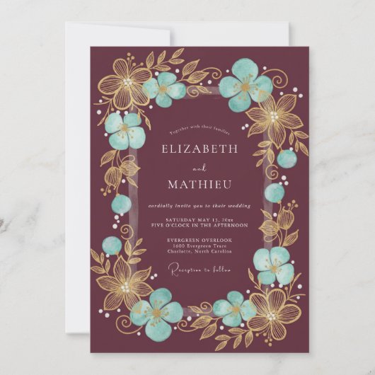 Invitation Burgundy Gilded Blossom Romantic Wedding (Devant)