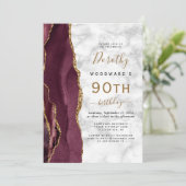 Invitation Burgundy Gold Agate Marbre 90e fête d'anniversaire (Debout devant)
