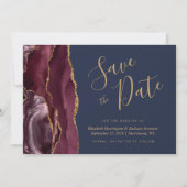 Invitation Burgundy Gold Agate Marine Bleu Enregistrer la dat (Devant)