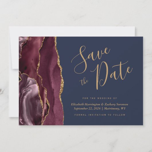Invitation Burgundy Gold Agate Marine Bleu Enregistrer la dat (Devant)