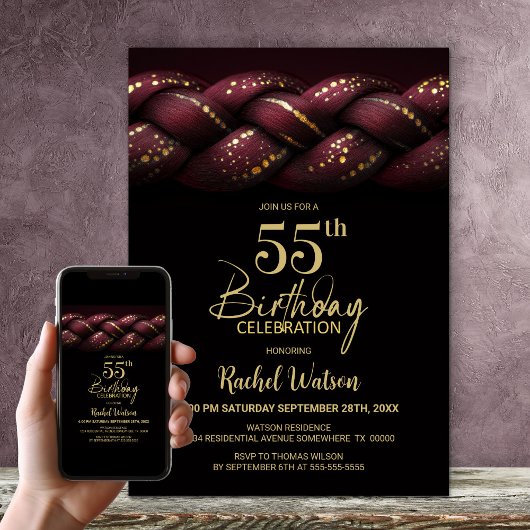 Invitation Burgundy Gold Braid 55e fête d'anniversaire