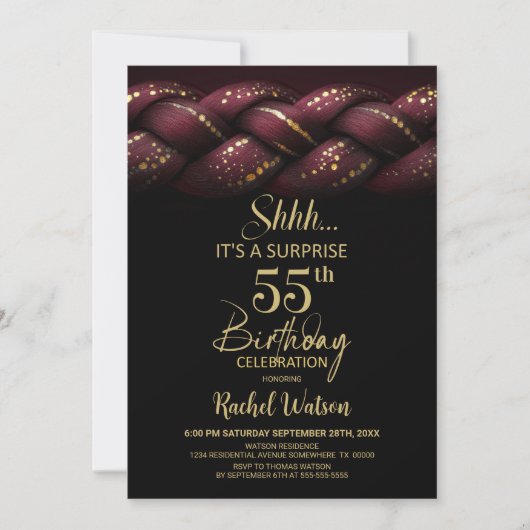 Invitation Burgundy Gold Braid Surprise 55e fête d'anniversai (Devant)