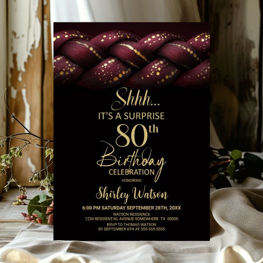 Invitation Burgundy Gold Braid Surprise 80e fête d'anniversai
