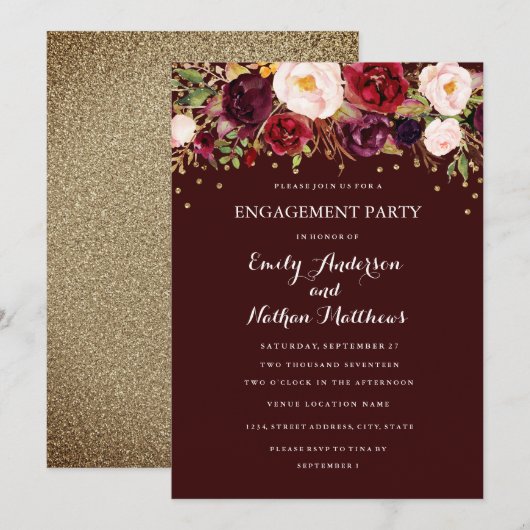 Invitation Burgundy Gold Confetti Floral Engagement Party (Devant / Derrière)