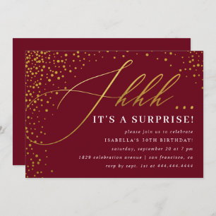 Invitation Burgundy & Gold Confetti Script Surprise Party