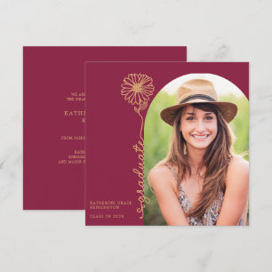 Invitation Burgundy Gold écrit à la main Floral Photo Graduat