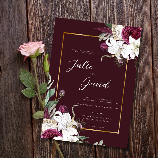Invitation Burgundy Gold - Élégant mariage Floral Luxe