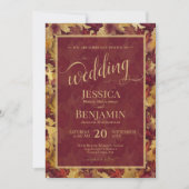 Invitation Burgundy & Gold Fall Leaves Stylish Script Wedding (Devant)