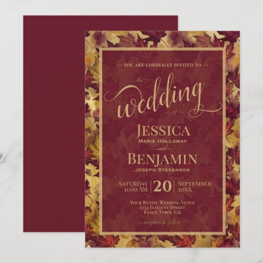 Invitation Burgundy & Gold Fall Leaves Stylish Script Wedding (Devant / Derrière)