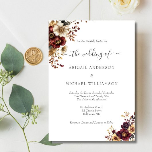 Invitation Burgundy Gold Floral Botanical Elegant Wedding