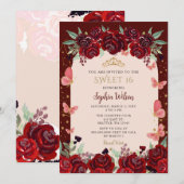 Invitation Burgundy Gold Floral Butterflies Sweet 16 (Devant / Derrière)