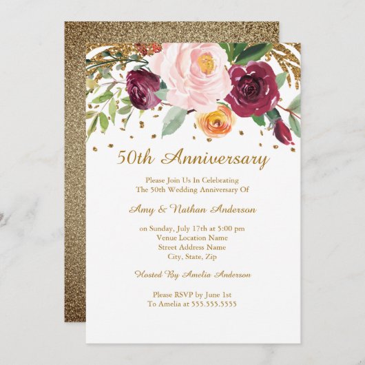 Invitation Burgundy Gold Floral Glitter 50e Anniversaire (Devant / Derrière)