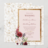 Invitation Burgundy Gold Floral Mariage moderne (Devant / Derrière)