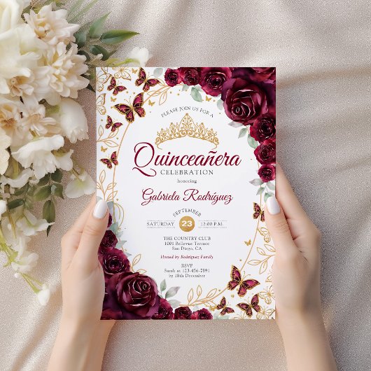 Invitation Burgundy Gold Floral Quinceanera