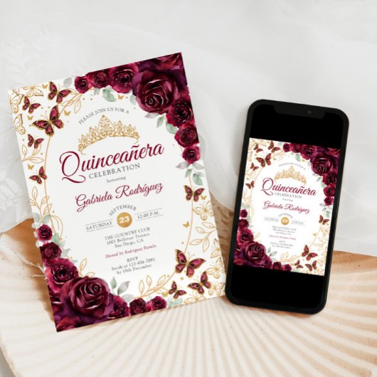Invitation Burgundy Gold Floral Quinceanera
