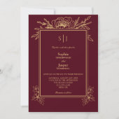 Invitation Burgundy Gold Floral Simple Monogramme Mariage (Devant)
