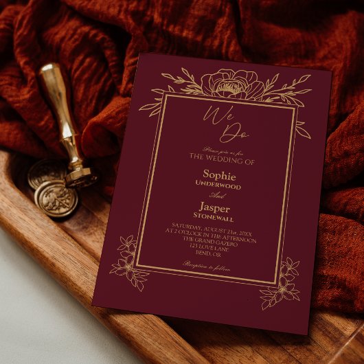 Invitation Burgundy Gold Floral Simple Nous faisons Mariage