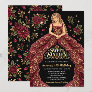 Invitation Burgundy Gold Floral Sweet Sixteen Anniversaire