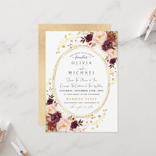 Invitation Burgundy Gold Florales Chic Foil Parties scintilla (Devant/Arrière en situation)