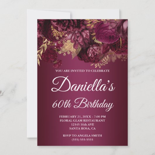 Invitation Burgundy Gold Glam Floral 60e anniversaire (Devant)