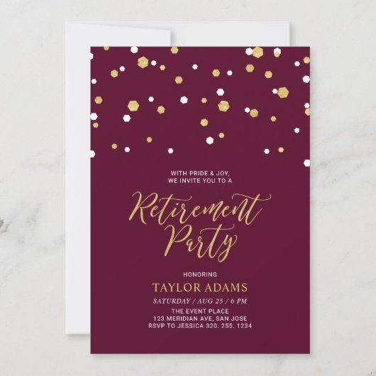 Invitation Burgundy & Gold Hexagon Confetti Retraite Party (Devant)