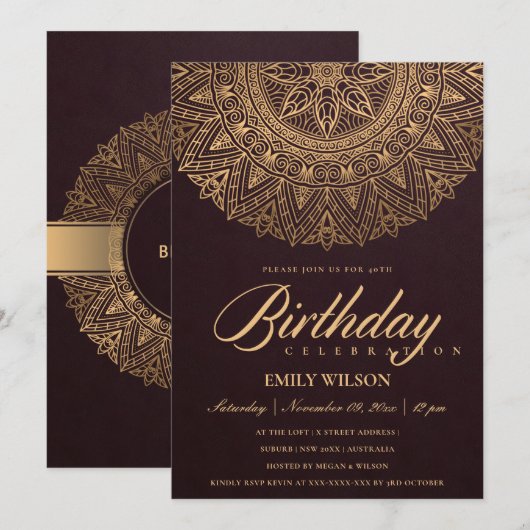 INVITATION BURGUNDY GOLD MANDALA TOUTE ANNÉE 40E ANNIVERSAIRE (Devant / Derrière)