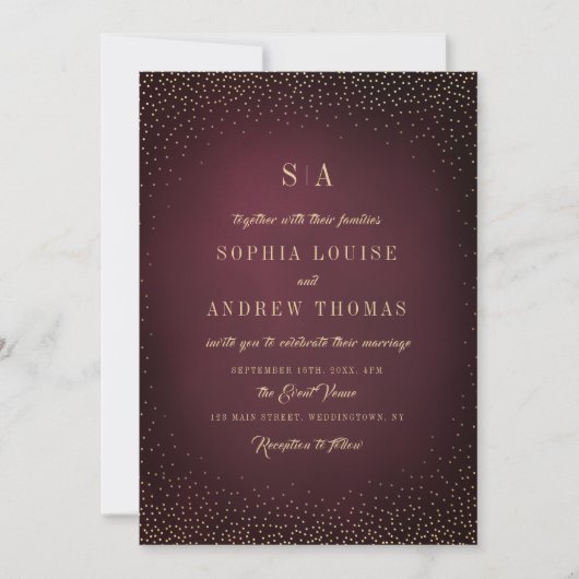 Invitation Burgundy Gold Parties scintillant simple mariage M (Devant)