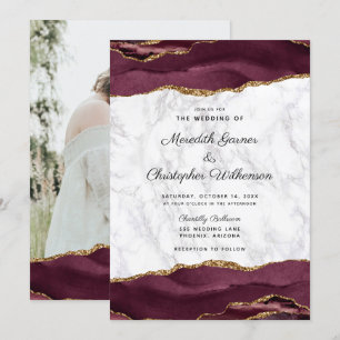 Invitation Burgundy Gold Photo Agate Marbre Mariage