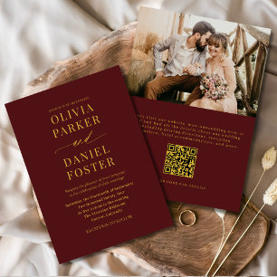 Invitation Burgundy Gold QR Code Mariage photo classique
